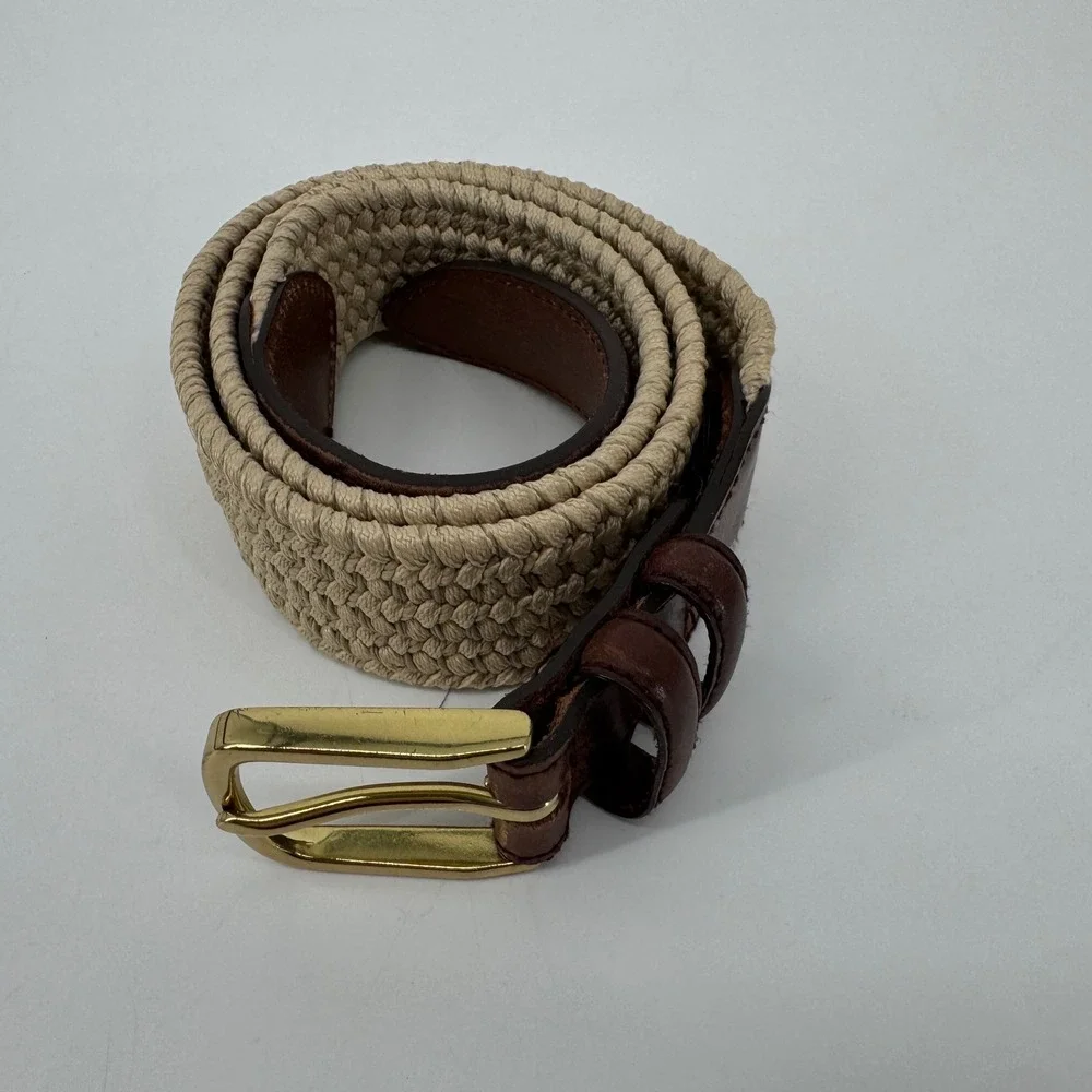 Brooks Brothers Braided Woven Belt Mens 36 Beige Tan Brown Leather  Buckle